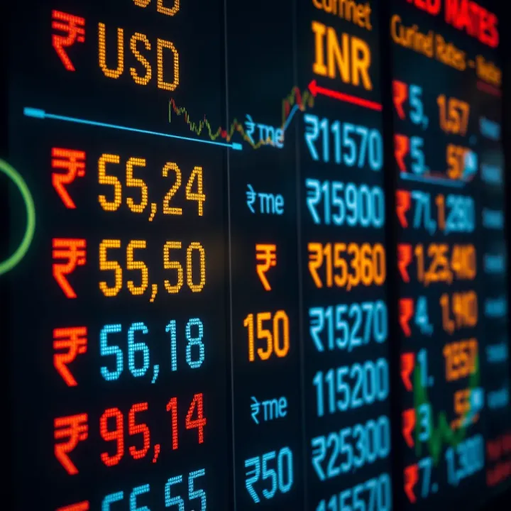 Current USD to INR Exchange Rates Overview Currency exchange rates displayed on a digital board with US dollars and Indian rupees