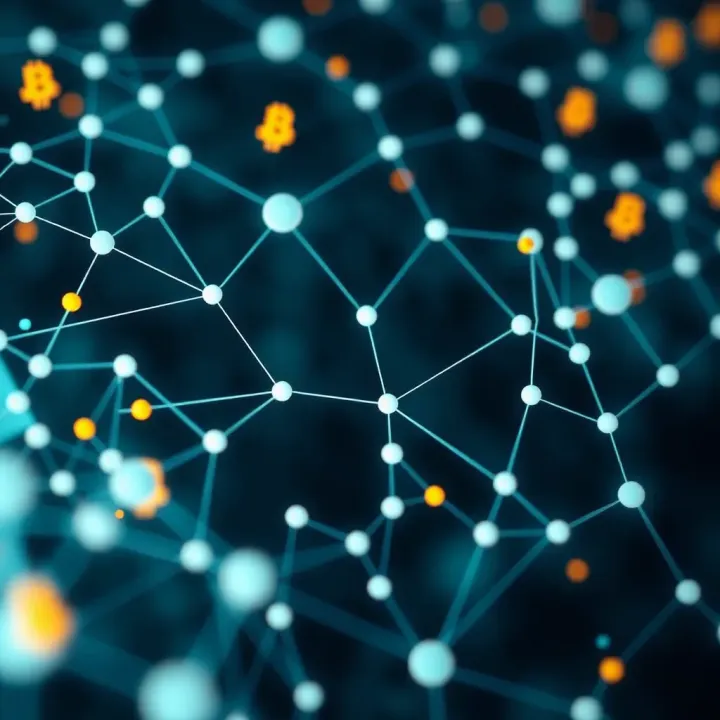 Digital representation of blockchain technology with nodes and connections