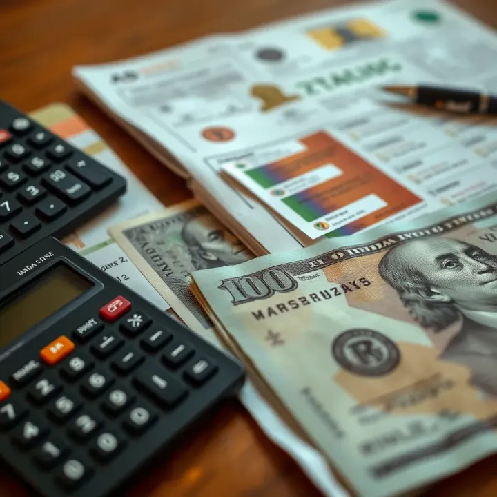 Currency conversion process showing US dollars and Indian rupee notes alongside a calculator and financial documents