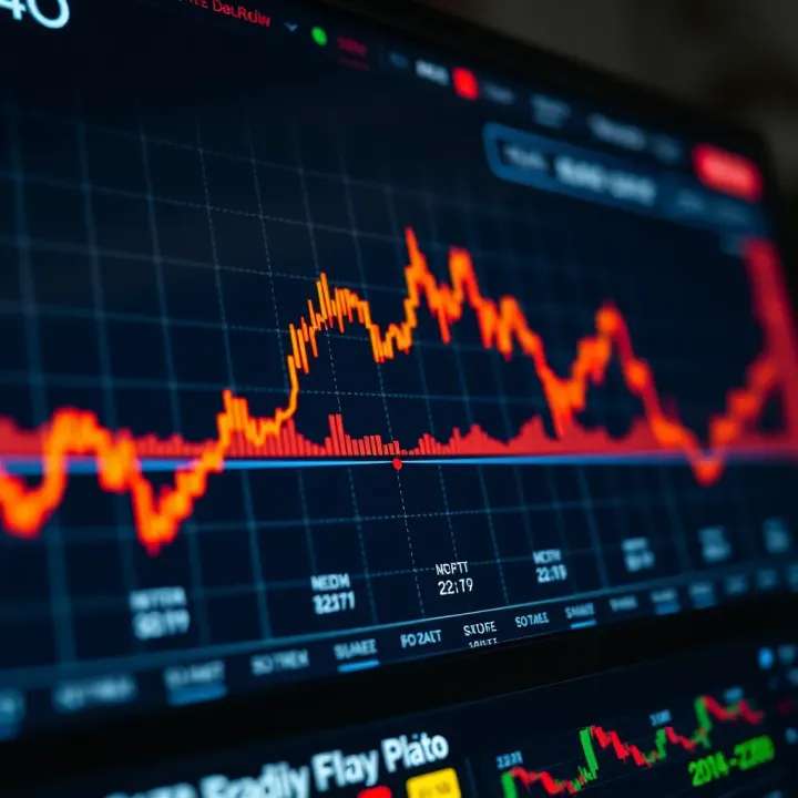 Graphical representation of upward trending financial data and trading indicators on a digital platform