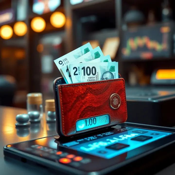 Illustration of digital wallet with currency notes emerging
