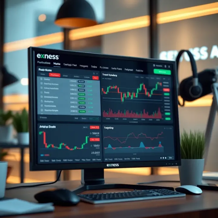 Computer desktop displaying the Exness trading platform interface with charts and trading options