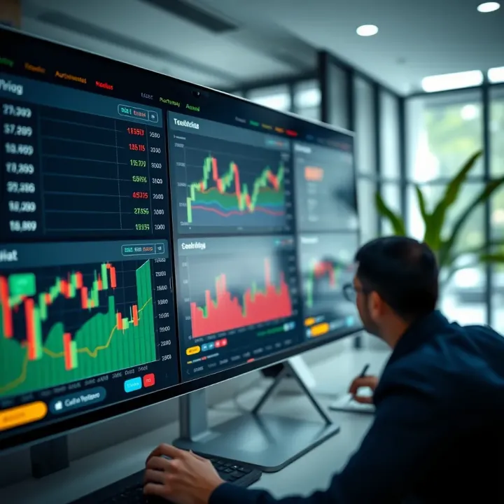 Screenshot of a virtual trading platform dashboard displaying stock charts and portfolio performance