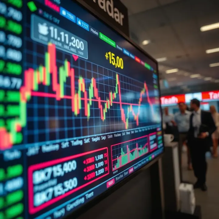 Graph showing market trends and trading signals on a digital screen