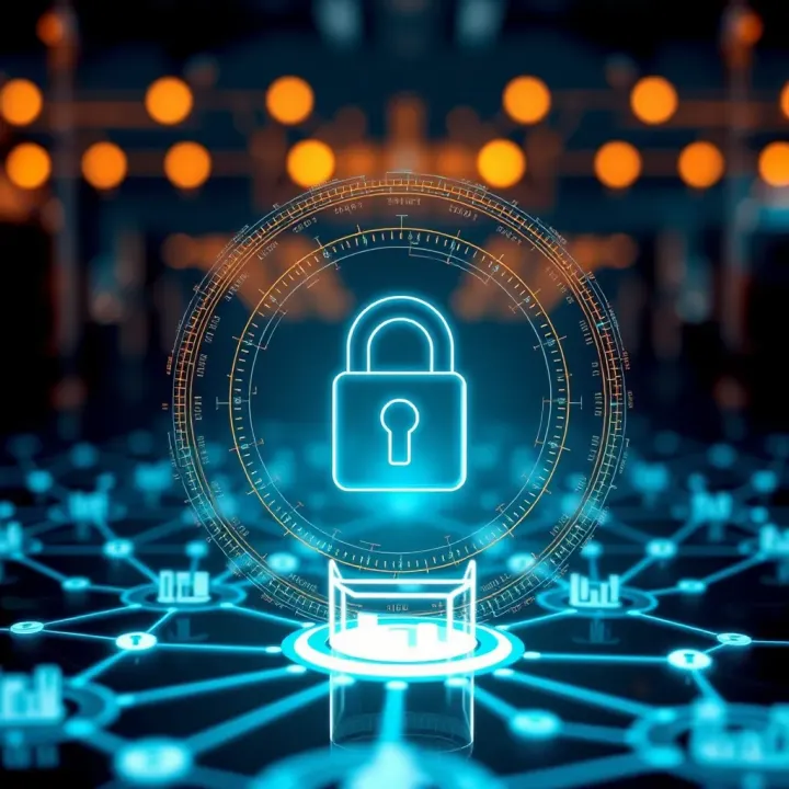 Abstract representation of secure digital network with financial icons symbolizing regulatory compliance and market strength