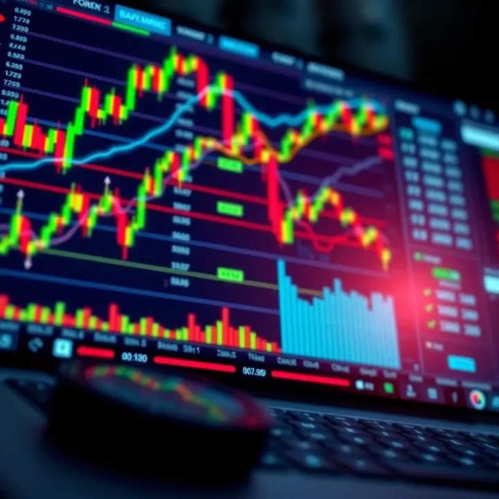 Illustration of a digital interface displaying forex market analysis charts and trading tools