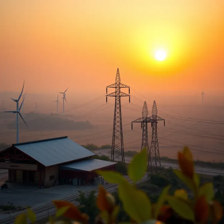 Evolving Energy Landscape in India Highlighting Renewable Integration Illustration depicting India's evolving energy sector with a focus on renewable energy sources and power infrastructure