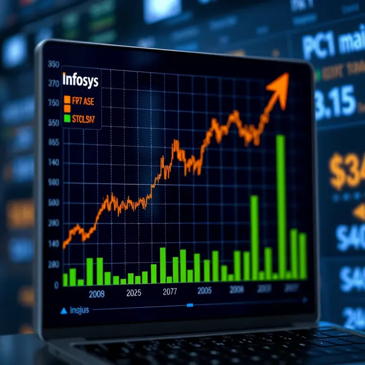 Graph showing the upward trend of Infosys stock price with key growth indicators highlighted