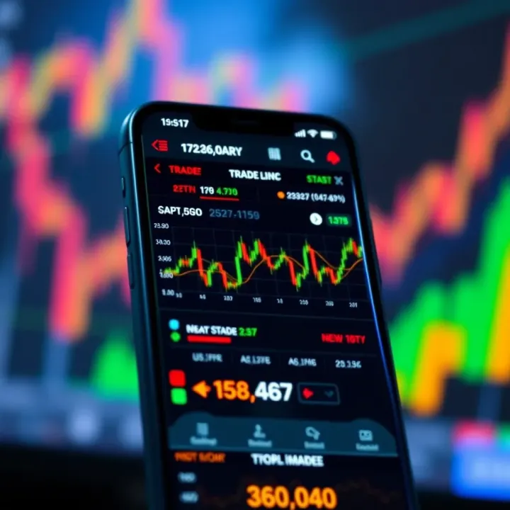 Mobile phone screen displaying a global stock market interface with various stock charts and currency exchange rates