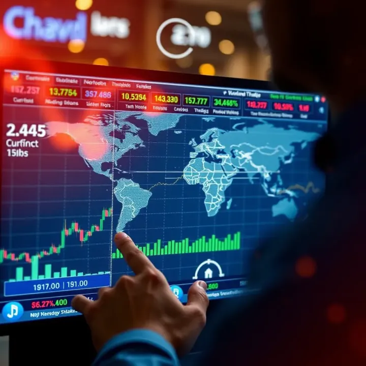 Illustration of a user analyzing international stock options with currency symbols and regulatory icons around the screen