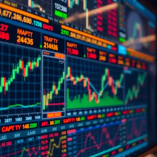 Digital interface showing various stock market charts and trading indicators