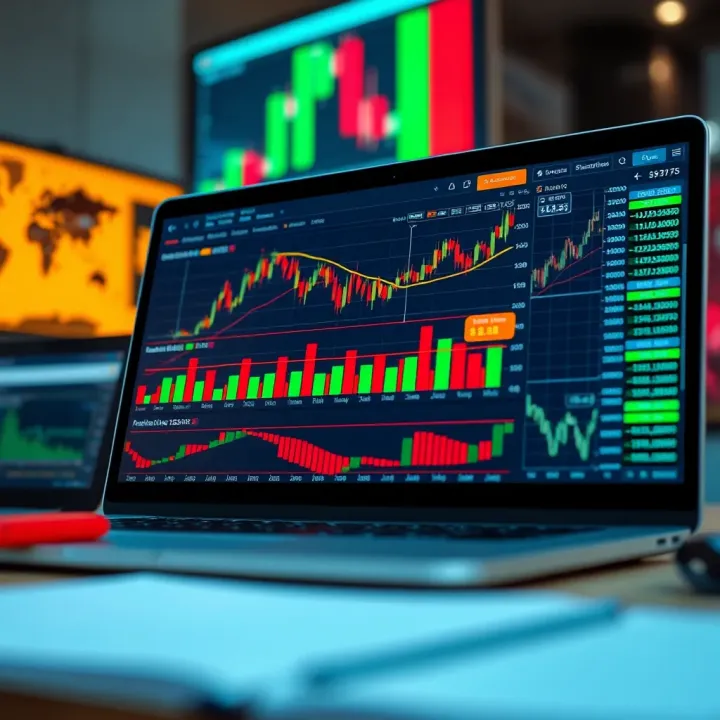 Laptop displaying an online trading platform with financial graphs and tools