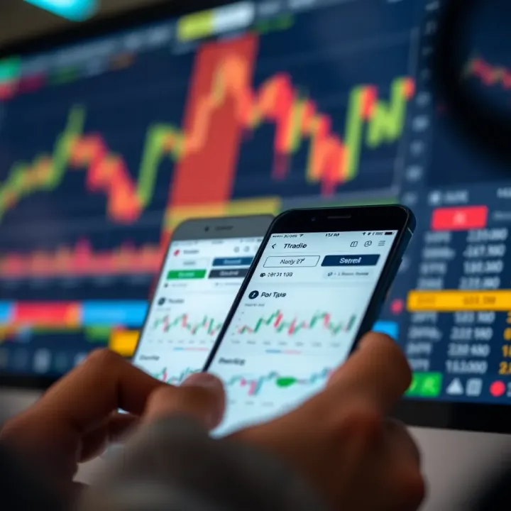 Mobile device displaying a trading app dashboard with stock charts and portfolio overview