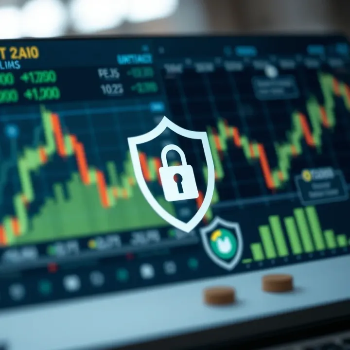 Graphic depicting secure financial data protection with shield icons and digital safety symbols in an online trading context
