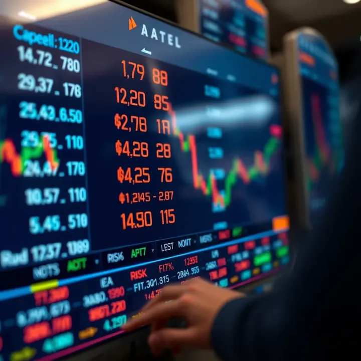 Close-up of a digital interface displaying currency exchange rates and risk management indicators