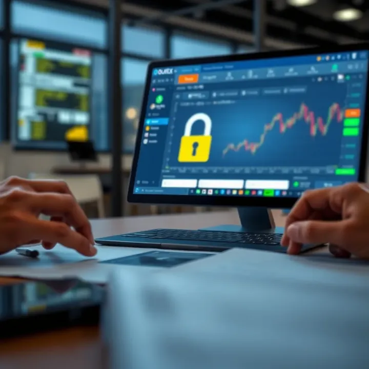Illustration of account security features and troubleshooting options for Quotex users