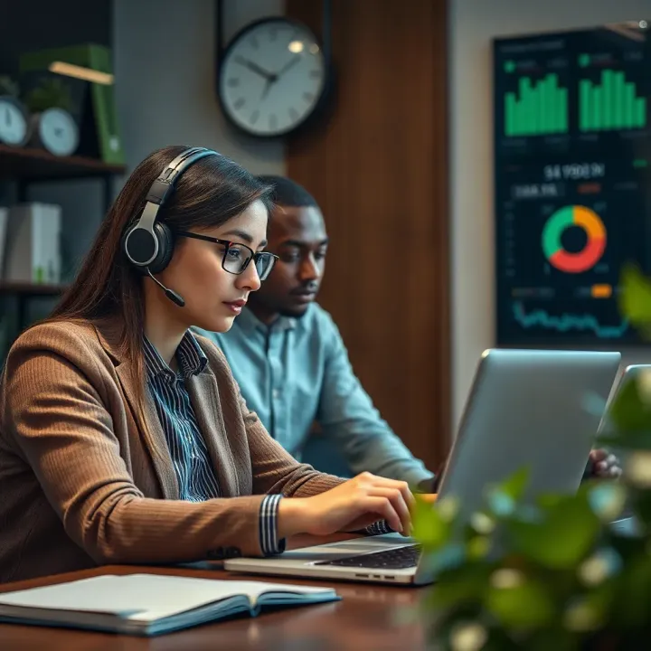 Customer support representative assisting a trader using a laptop