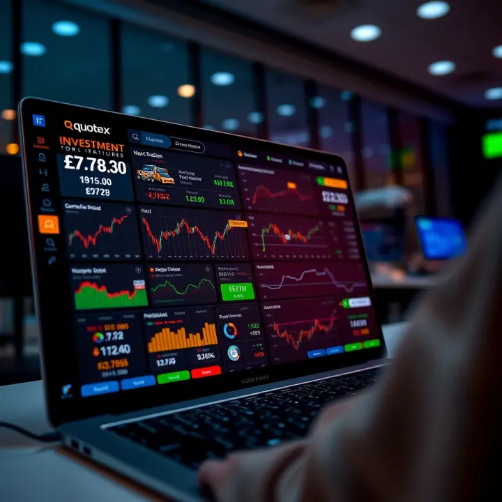 Quotex Platform Interface Highlighting Investment Features User interface of Quotex trading platform displaying various investment options and market trends