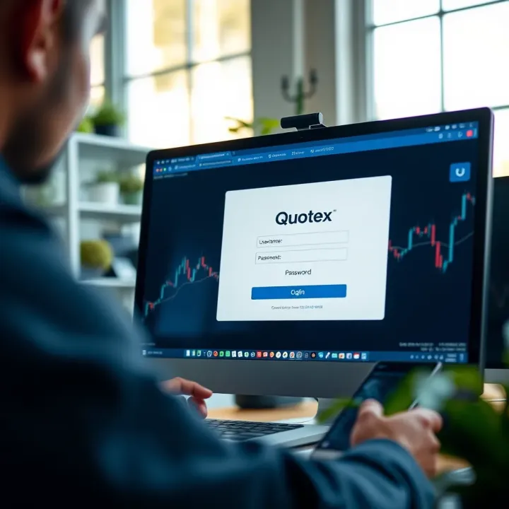 User interface displaying Quotex login page with input fields for username and password on a computer screen