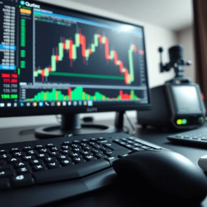 Computer keyboard and mouse with a monitor showing technical chart analysis on Quotex trading platform