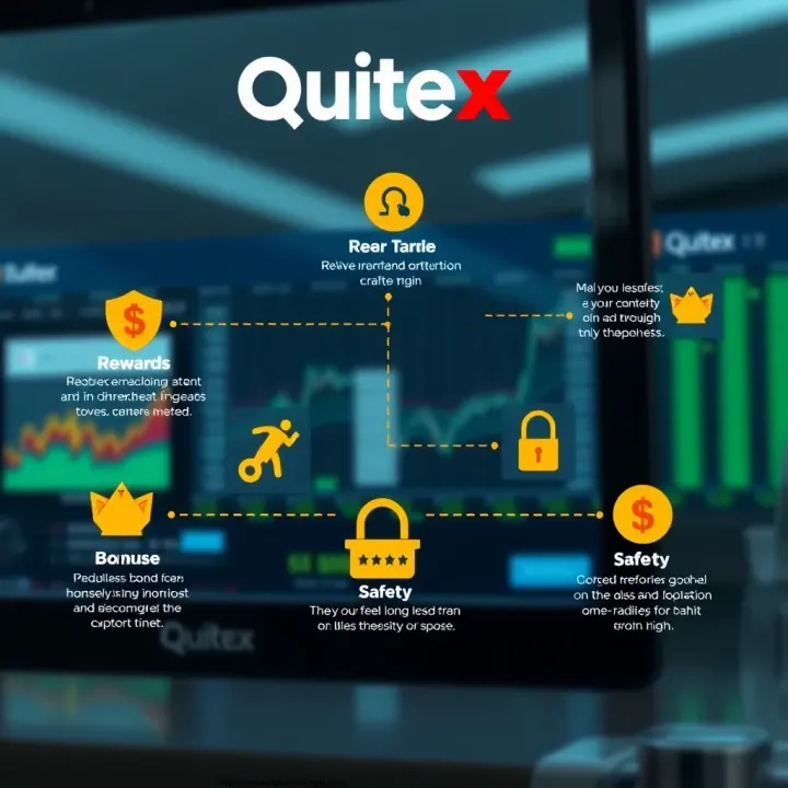Graphic depicting various types of bonuses available on Quotex with icons representing rewards and safety