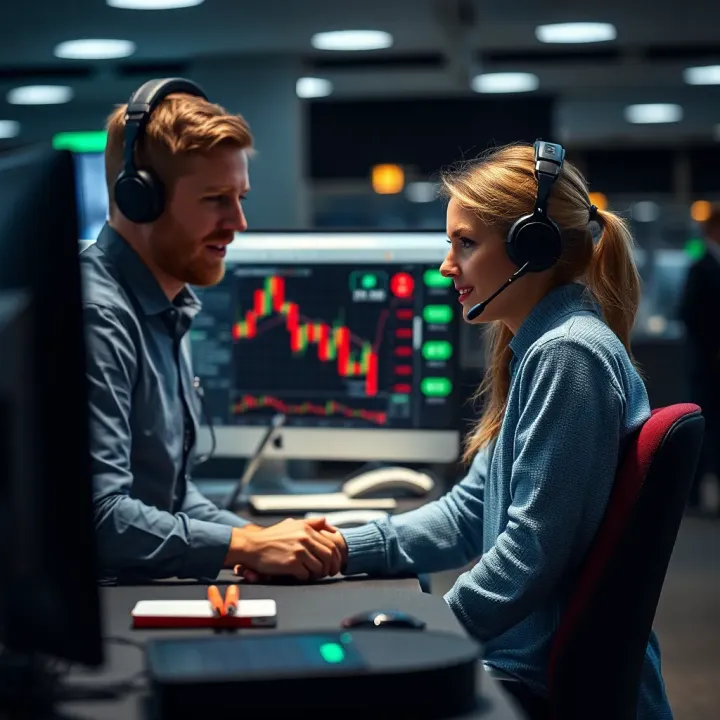 Customer service representative assisting a trader with technical support on a computer