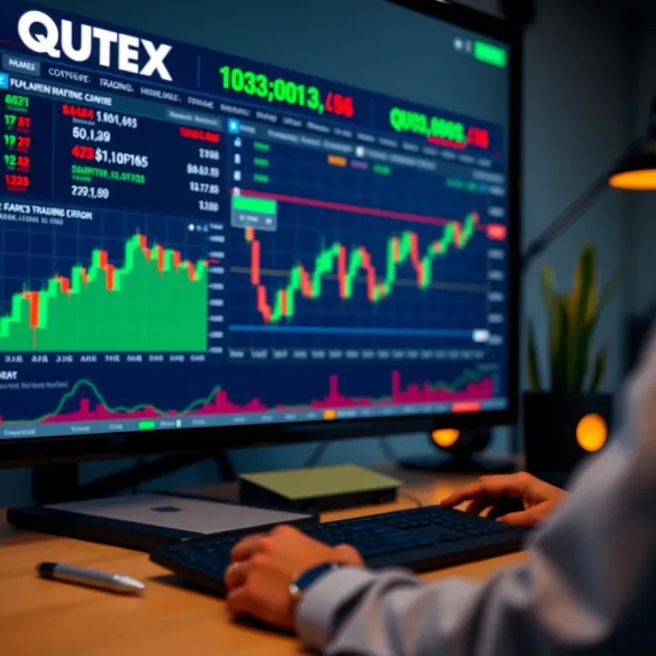 Qutex Broker trading platform interface displaying various financial charts and market data