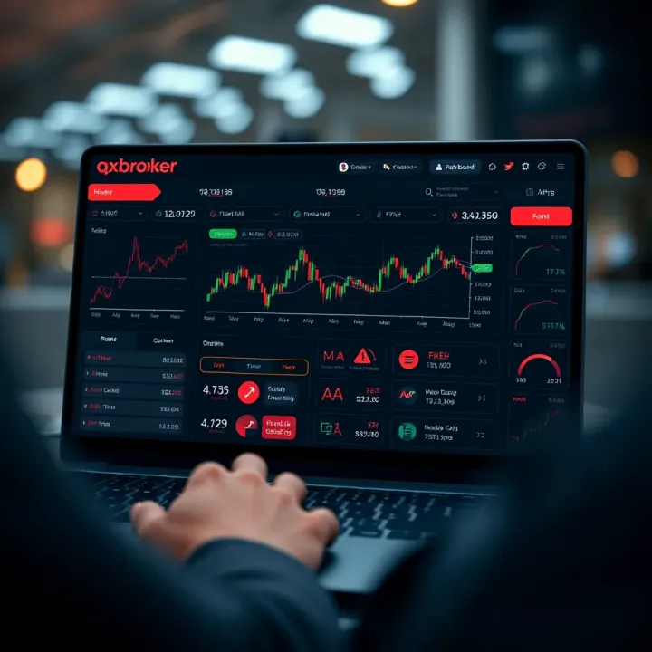 Dashboard interface showing various financial charts and trading options on Qxbroker.com app