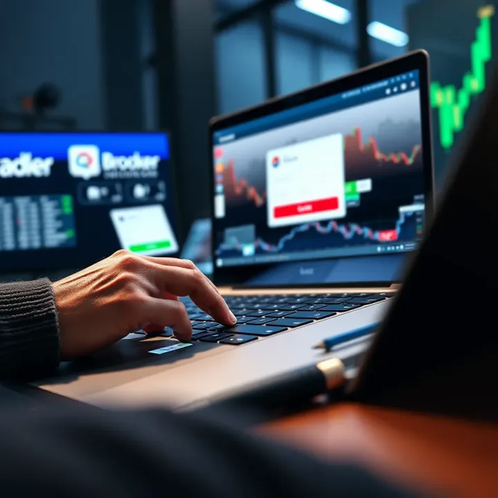 User entering credentials on QXBroker.com login page on a laptop screen