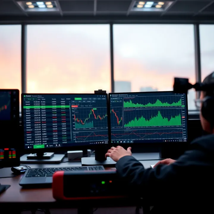 Dashboard displaying QXBroker trading platform with charts and market data