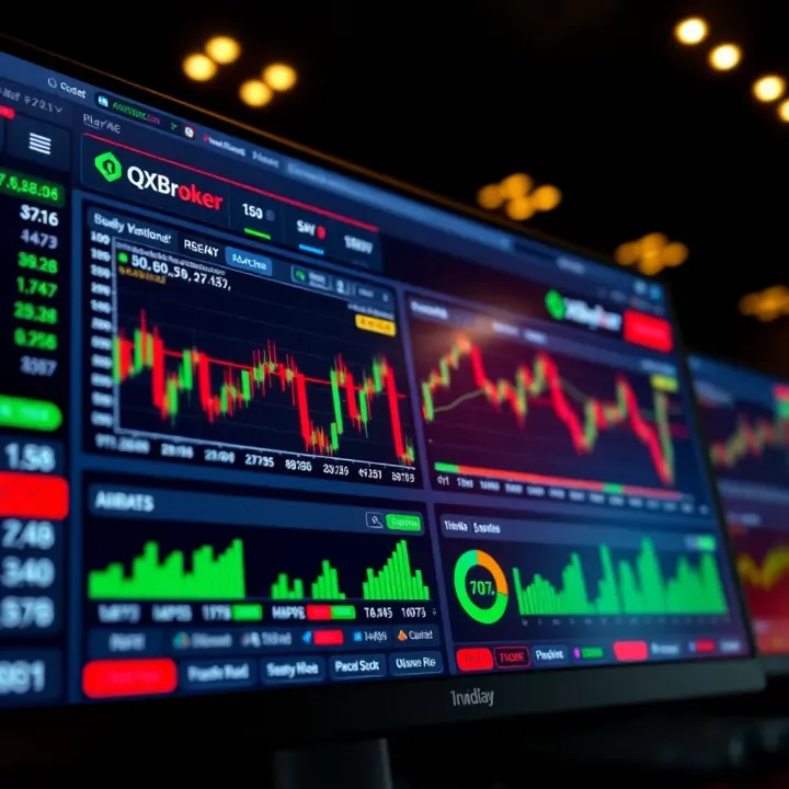 Dashboard view of QXBroker.con trading platform showing market charts and analysis tools