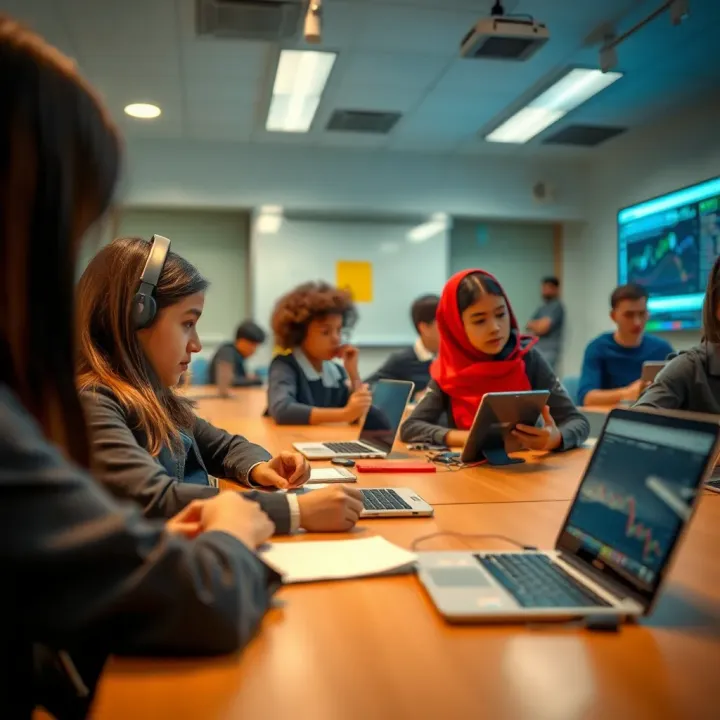 Interactive Learning Environment with Technology Integration Classroom with students engaging in interactive learning using technology devices