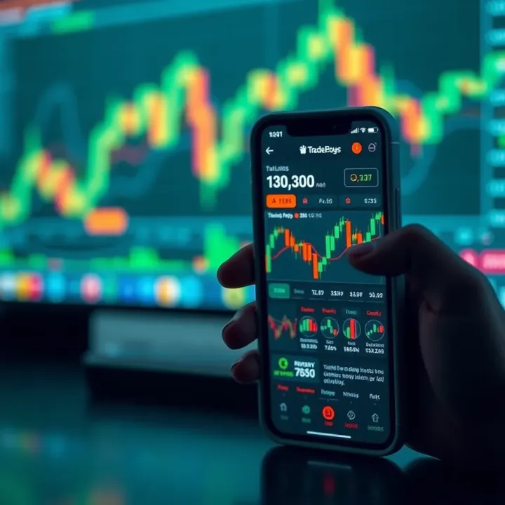 Mobile phone displaying a trading app interface with charts and financial data