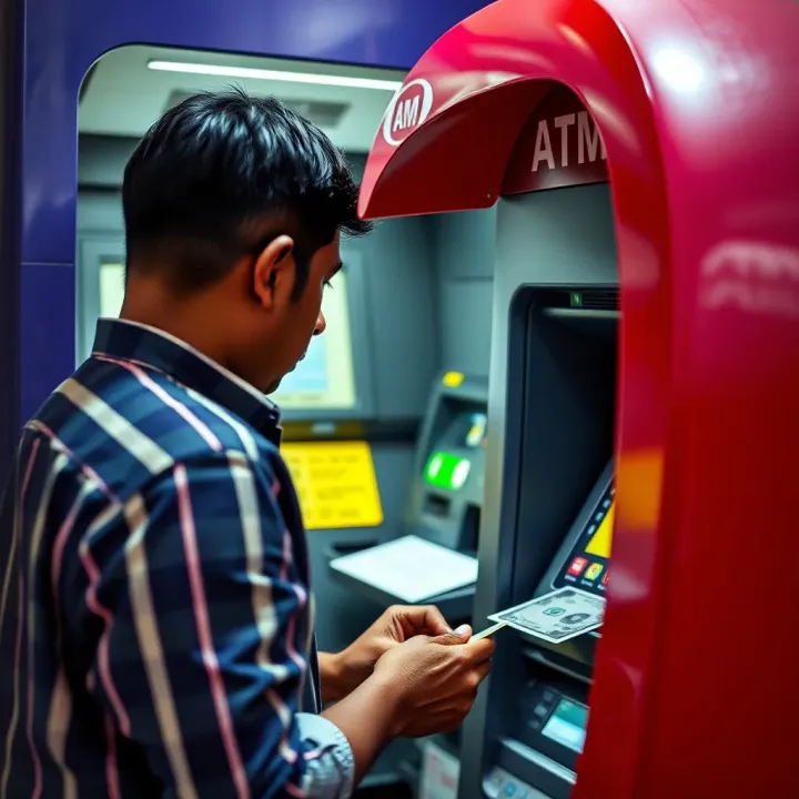 Person withdrawing cash from an ATM machine in India