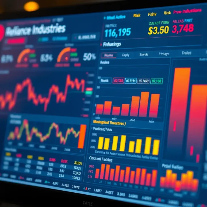 Financial analysis dashboard displaying metrics and risk factors influencing Reliance Industries’ stock valuation
