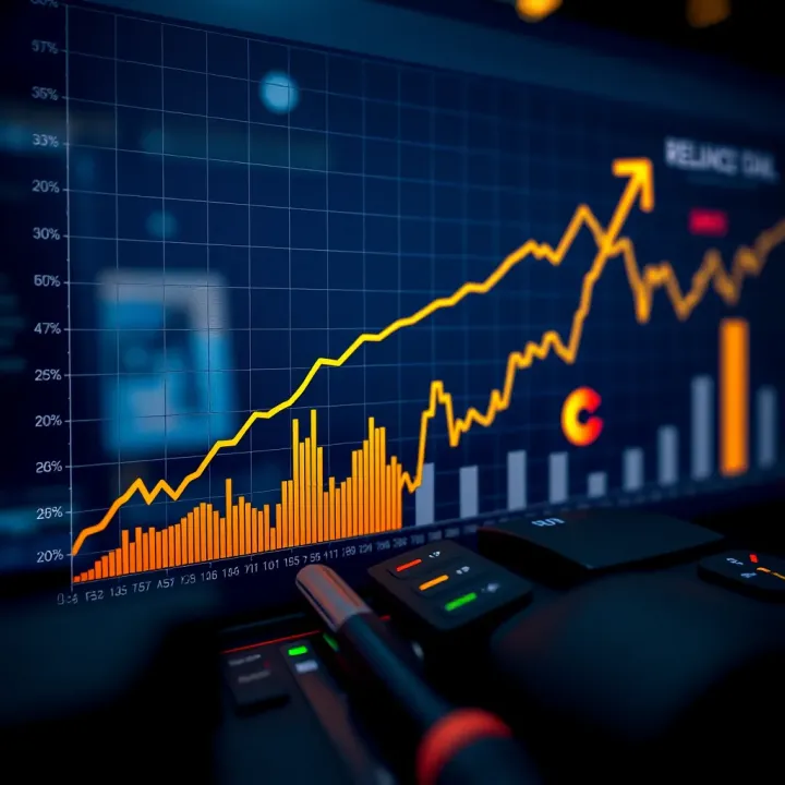 Graph showing projected growth trends of Reliance Industries with upward trajectory and key market indicators