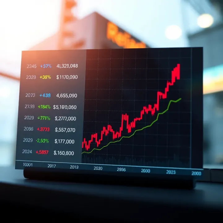 Graph showing the growth trajectory and projected price trends of a conglomerate's stock over the coming decade