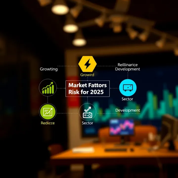 Illustration of market factors influencing Reliance Industries equity with icons representing growth, risk, and sector development