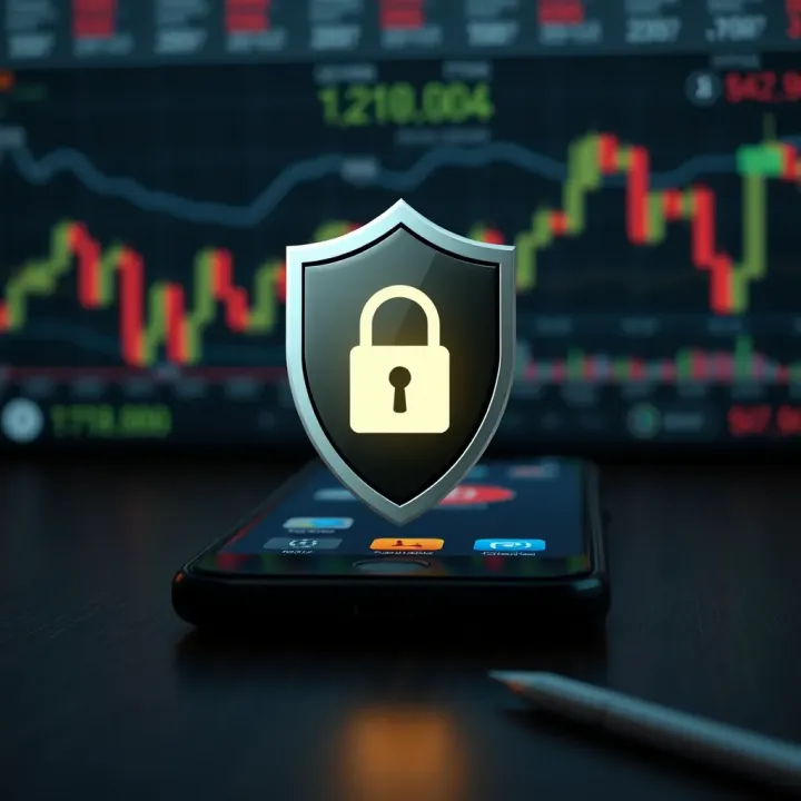 Illustration of security shield overlaying a smartphone with forex market symbols representing secure trading