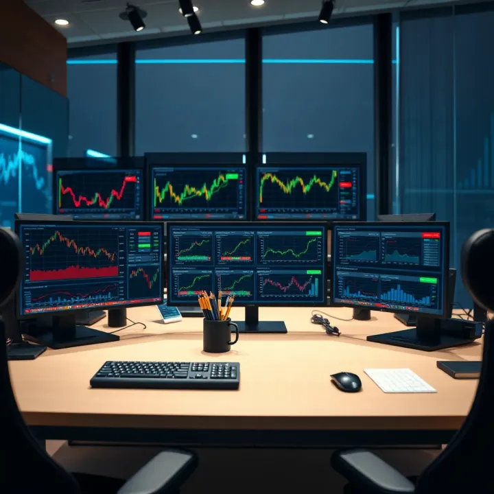 Comprehensive Trading Strategies and Analytics Dashboard An elegant desk setup featuring multiple monitors displaying various trading dashboards and analytics