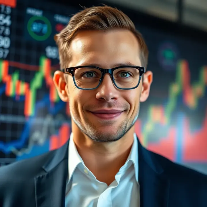 Portrait of Alex Becker with digital marketing icons and business graphs in the background