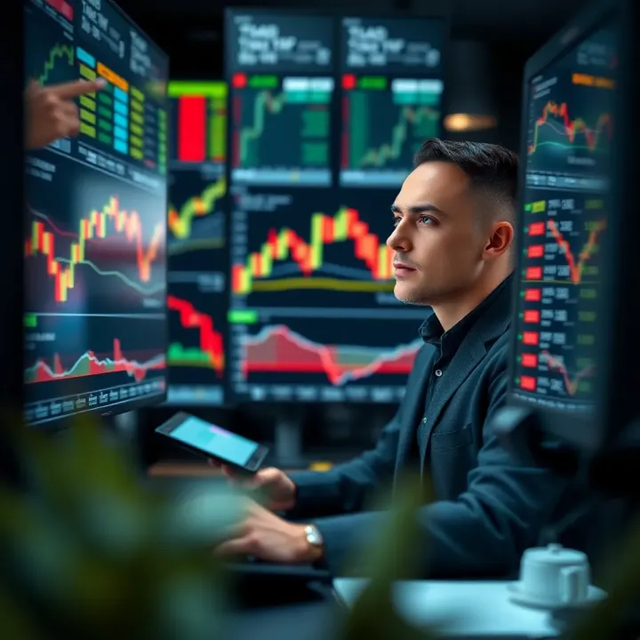 Trader analyzing charts with highlighted all-time high points and trading signals on screen