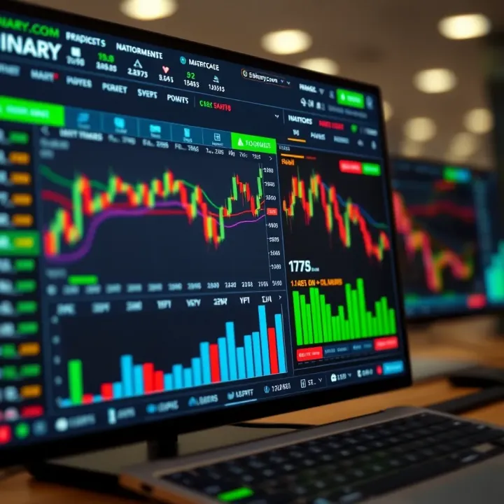 Screenshot displaying Binary.com trading dashboard with various financial instruments and market data