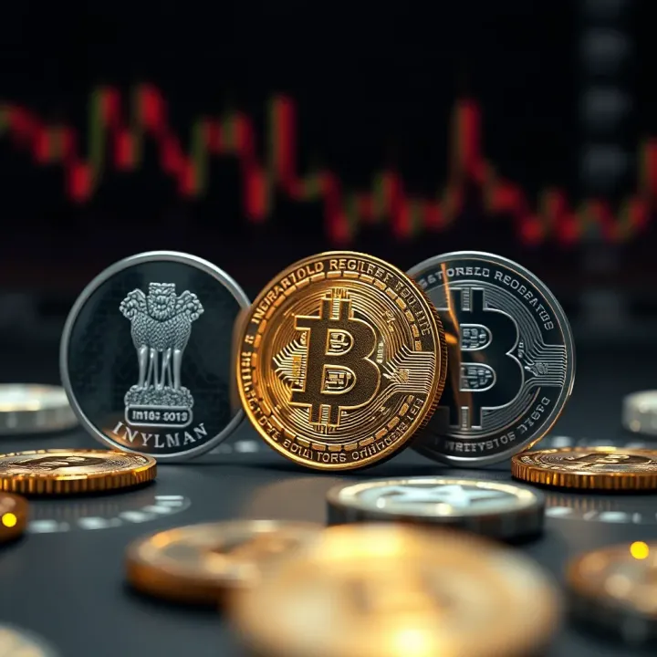 Illustration of Indian regulatory symbols alongside digital currency icons representing compliance