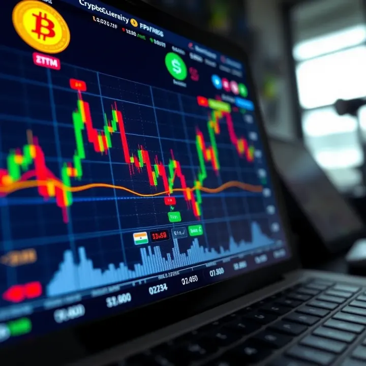 Digital interface showing cryptocurrency trading charts and Indian currency symbols