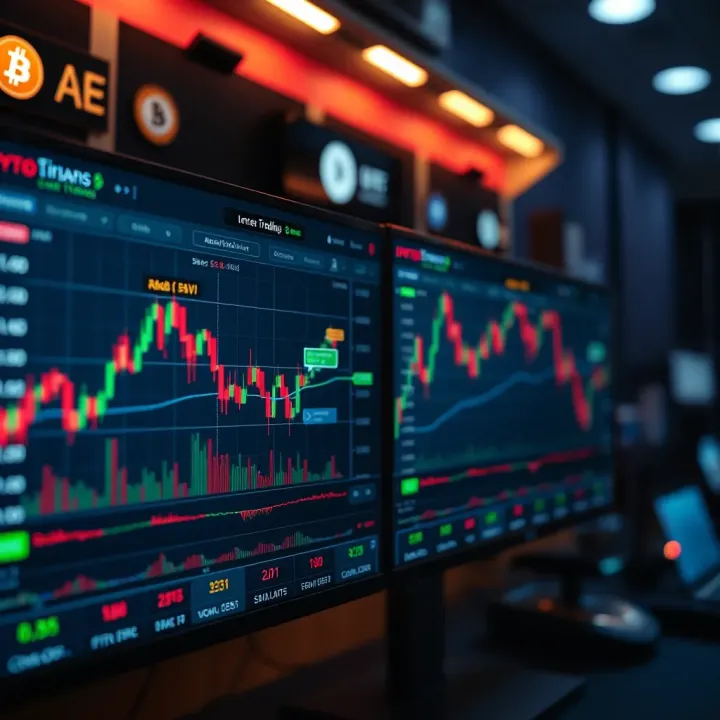 Cryptocurrency Trading Simulation Interface Digital interface displaying cryptocurrency trading charts and virtual currency icons