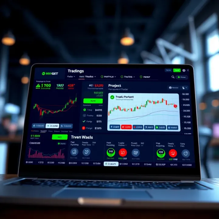 Illustration of a digital platform displaying virtual portfolio performance and trade options