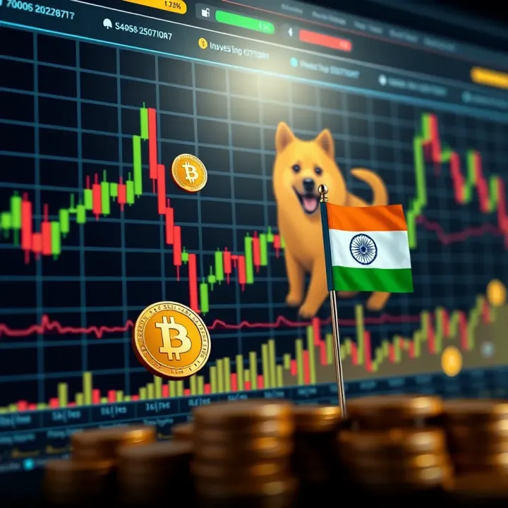 Graph showing Dogecoin's market trends with crypto symbols and an Indian flag highlighting investor interest