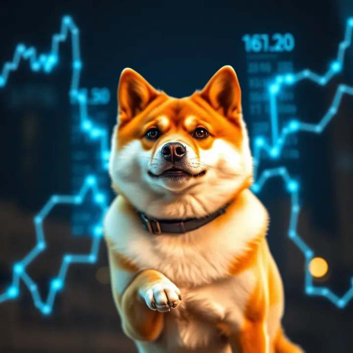 Shiba Inu dog with digital blockchain graphics symbolizing Dogecoin's meme origin and crypto technology