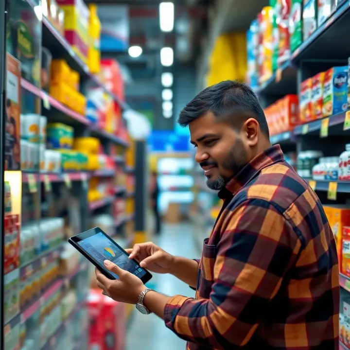 Retail store owner reviewing inventory options on a digital tablet with product shelves in the background